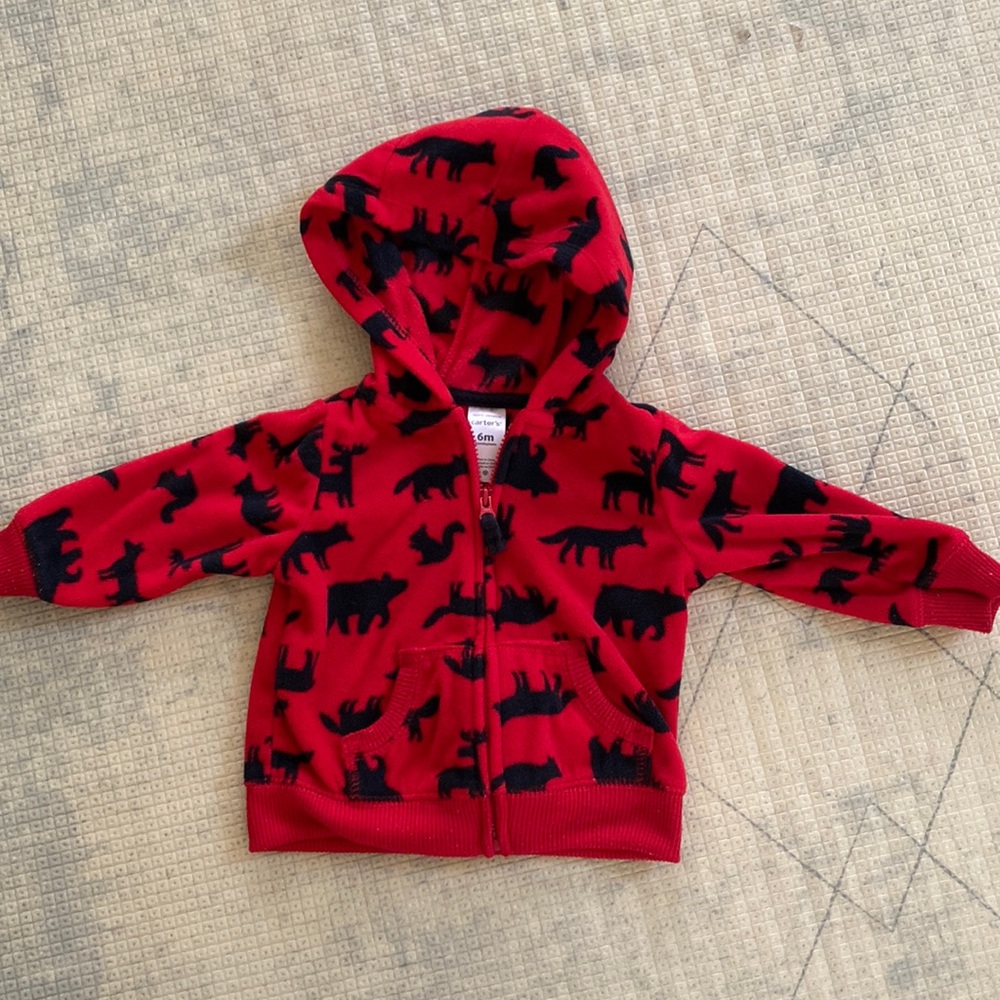 6month red and black woodland animal zip up.